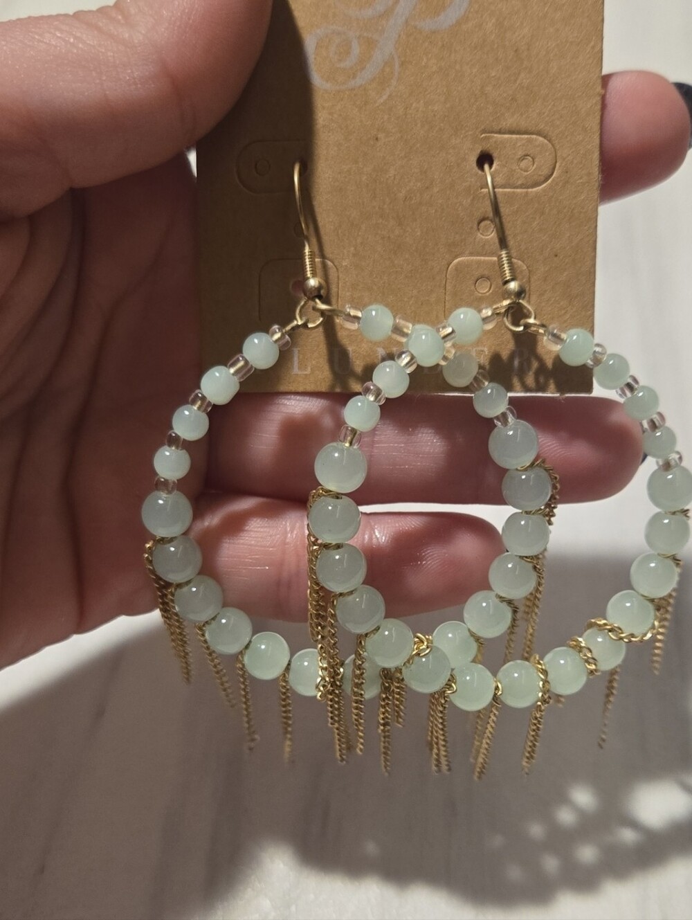 Plunder Gold Hoop Earrings with Mint Green Beads and Fringe